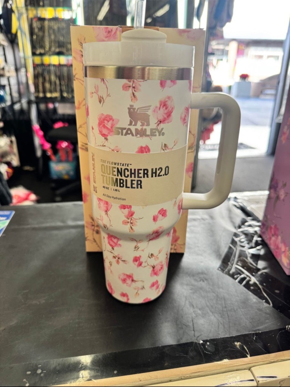 Stanley White Tumbler with Pink Floral Pattern